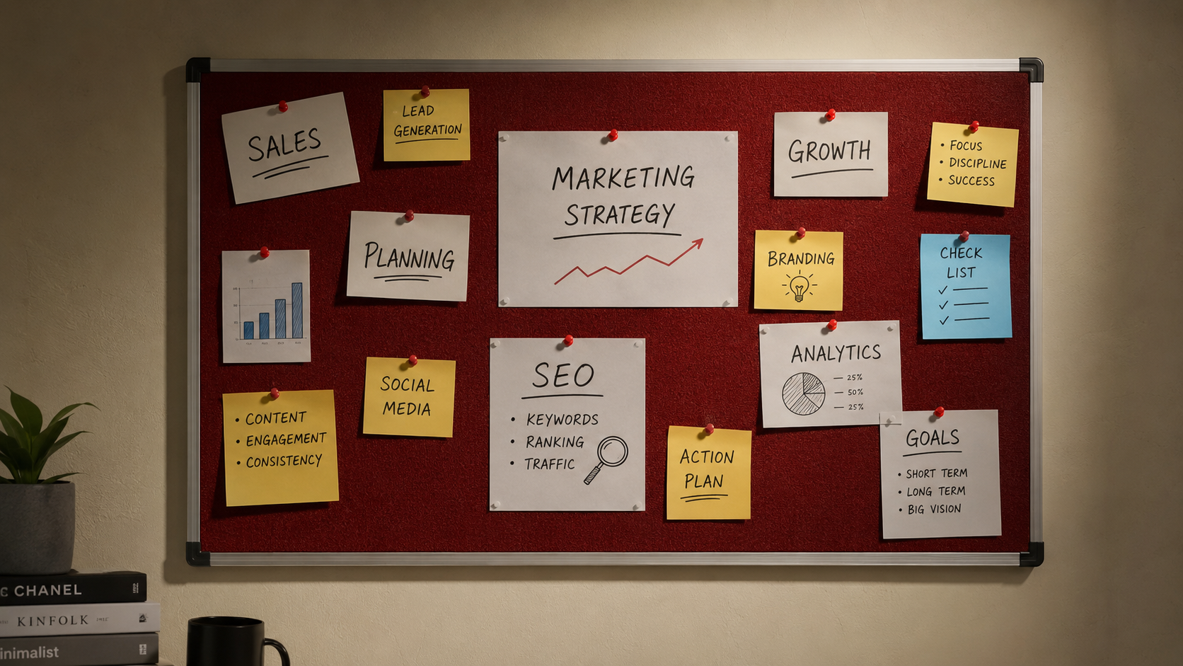 Marketing strategy ideas displayed on a red planning board